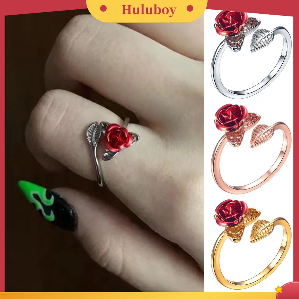 Hu Hu Hu Hu Hu Alat Bantu Pasang Kacamata♡ Cincin Wanita Model Terbuka Adjustable Desain Bunga Mawar Merah + Daun Untuk Valentine