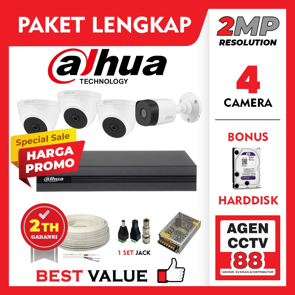 Paket CCTV DAHUA 4 Channel Kamera 4CH Full HD 2MP LENGKAP +Kabel +Harddisk