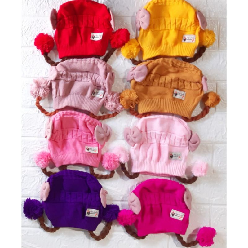 topi kupluk rajut kepang lokal tiruan import bayi anak perempuan newborn 1 tahun