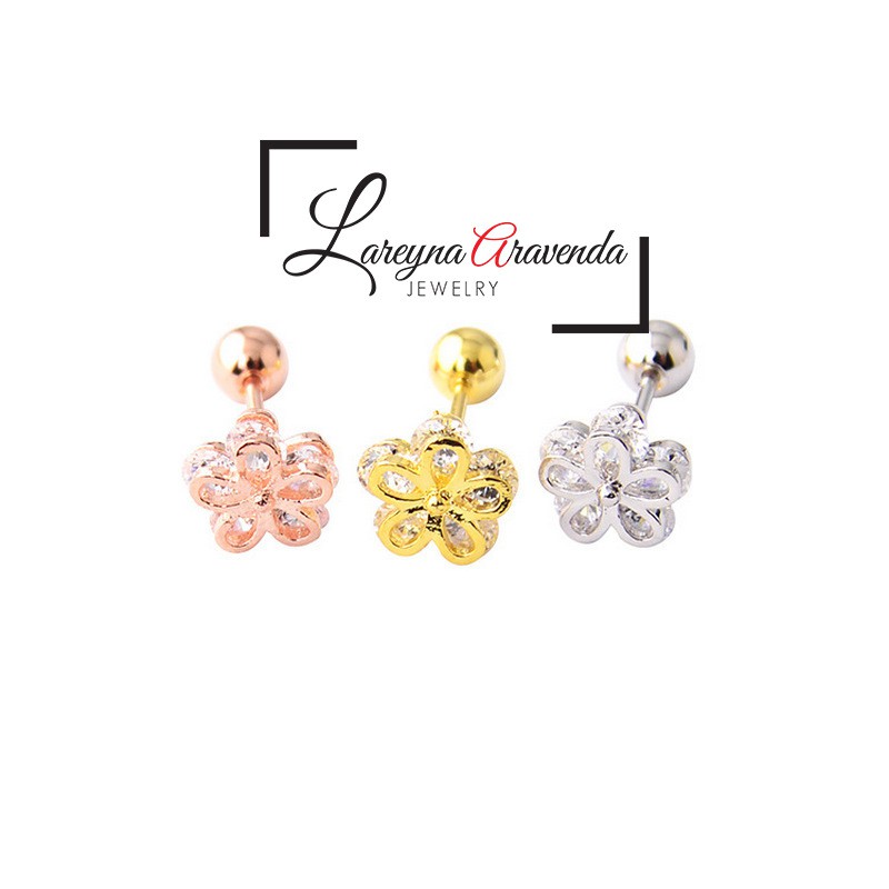 Anting Wanita Titanium Asli Bunga Crystal Kristal Zircon AAA ET002