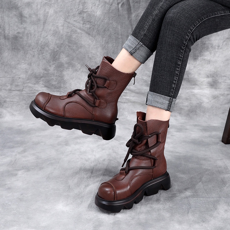 Sepatu Boot Kulit Wanita Branded Wanita Bersol Tebal Semata Kaki 2020     Retro  British Fashion Kul