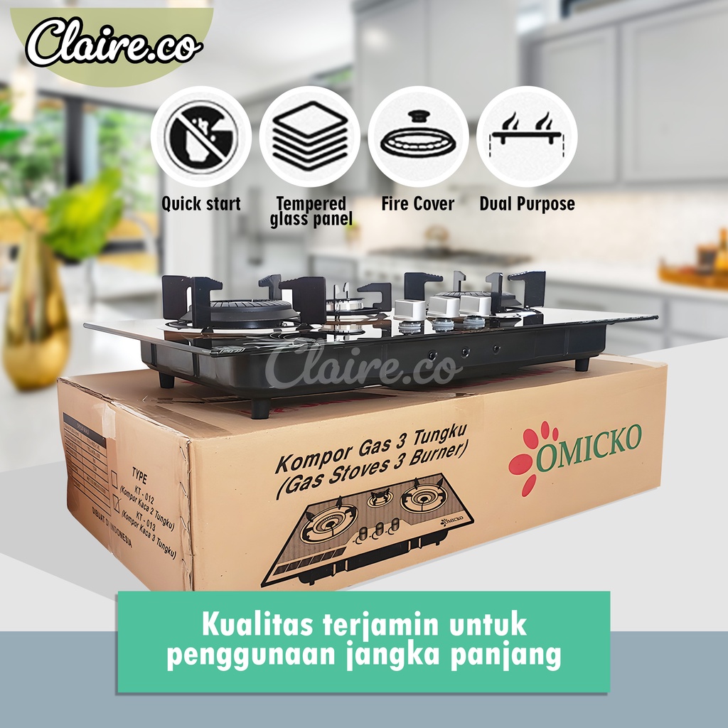 Kompor Gas Kaca 3 Tungku / Kompor Tanam Kaca KTOM3TK