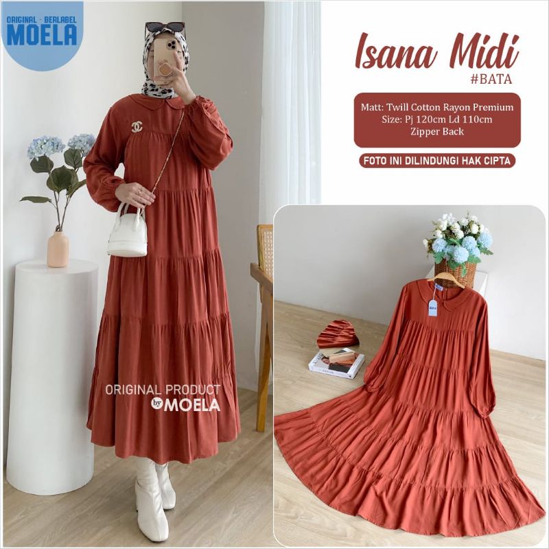 Isana midi dress bahan twill katun rayon premium