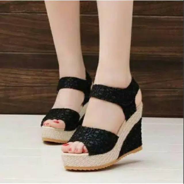 sandal wanita Wedges brokat 7cm