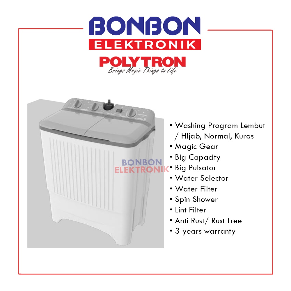 Polytron Mesin Cuci 2 Tabung 8KG PWM 8076 G/Y / 8076G 8076Y