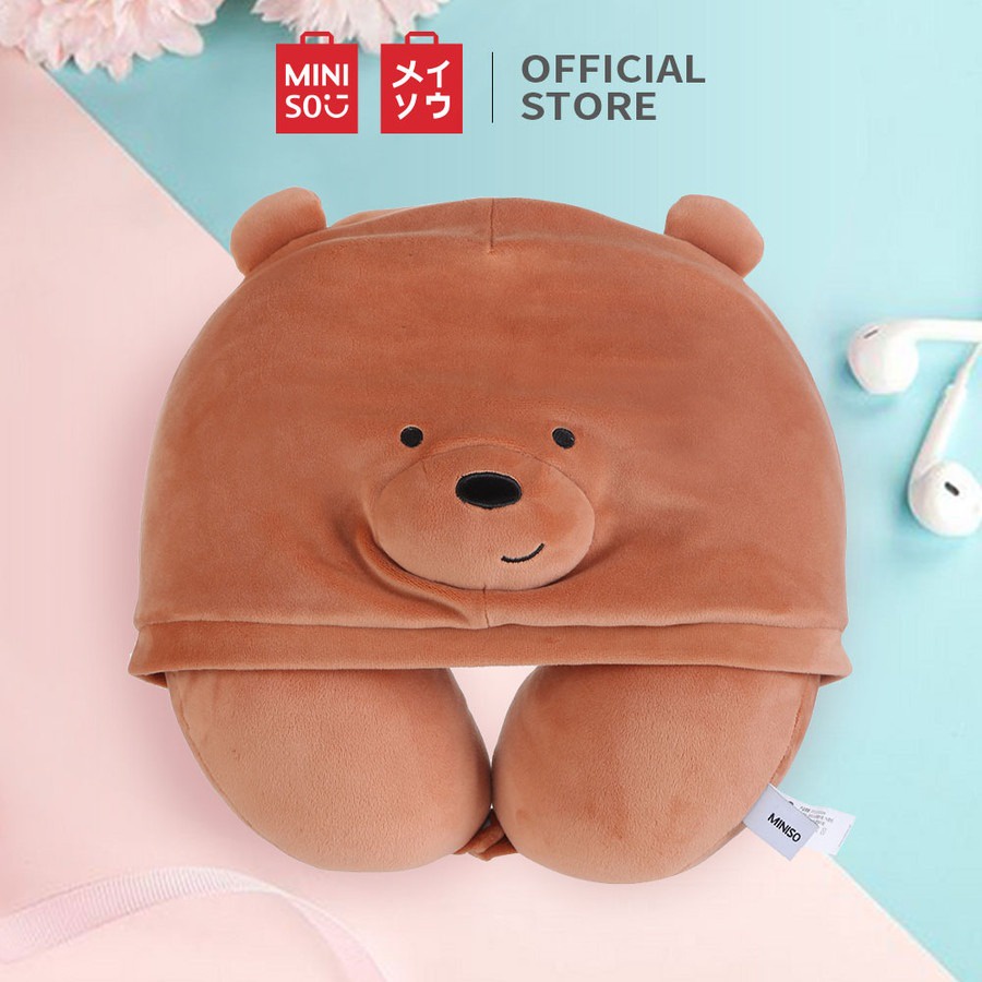 Miniso We Bare Bears U-Shaped Pillow With Hoodie Plus Bantal Leher Topi Tudung