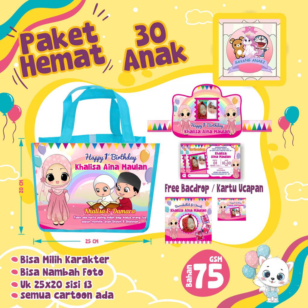 

TAS ULTAH PAKET HEMAT 30 ANAK DAN GRATIS BACDROP / TAS SOUVENIR, TOPI ULTAH & UNDANGAN ULANG TAHUN / GRATIS DESAIN & PLASTIK UNDANGAN / GRATIS PASANG FOTO ANAK