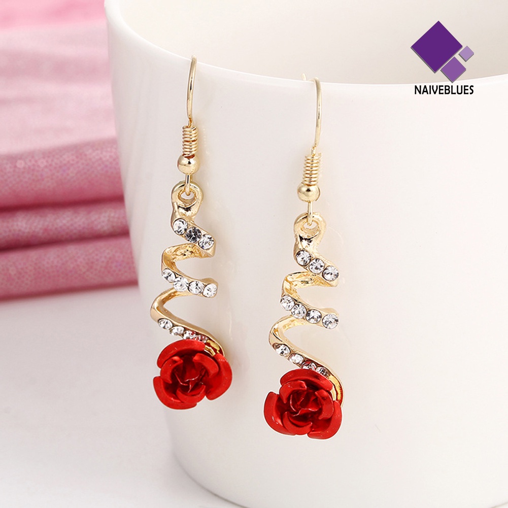 Anting Kait Gantung Wanita Desain Mawar Merah Hias Berlian Imitasi Untuk Hadiah