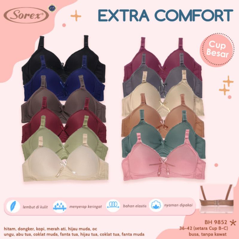 Bh Bra Sorex 9852 (Cup B-C) Extra Comfort | Busa Tipis Tanpa Kawat | Basic |