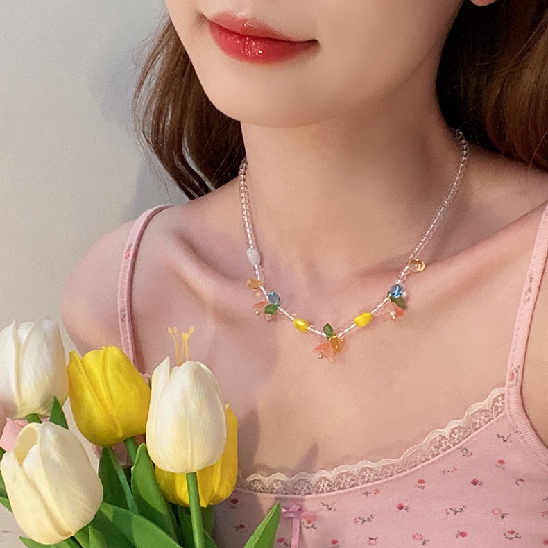 Kalung Rantai Dengan Liontin Bunga Tulip Warna Pink Untuk Wanita