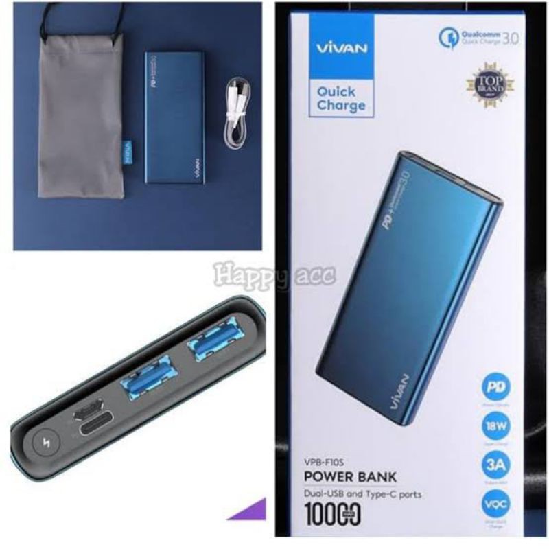 Power Bank Vivan F10S 10.000 mAh 18W  3 Amper Quick Charge 3 Output