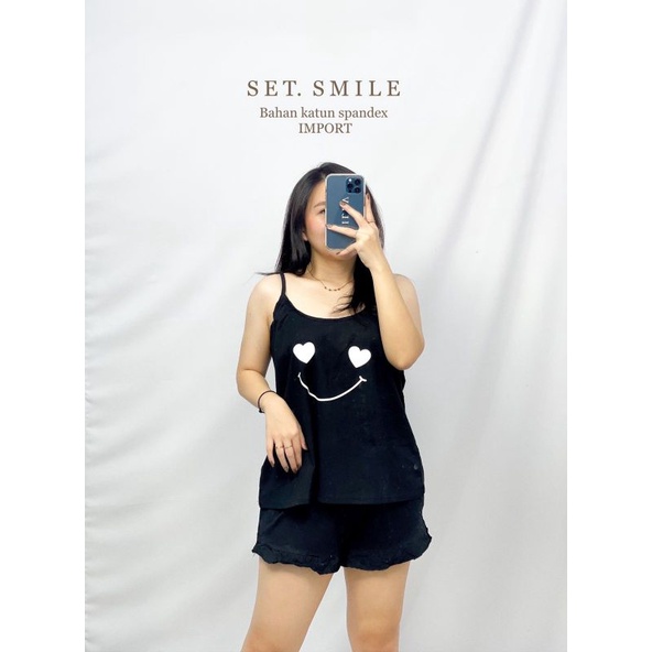 MDLV ~ Baju Tidur Set Smile HP Set Baju Tidur Tanktop Celana Pendek Fashion Wanita