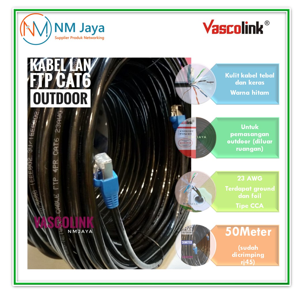 Kabel Lan Outdoor 50 Meter FTP CAT6 Siap Pakai sudah dicrimping rj45 besi dan plugbooth Vascolink Warna Hitam