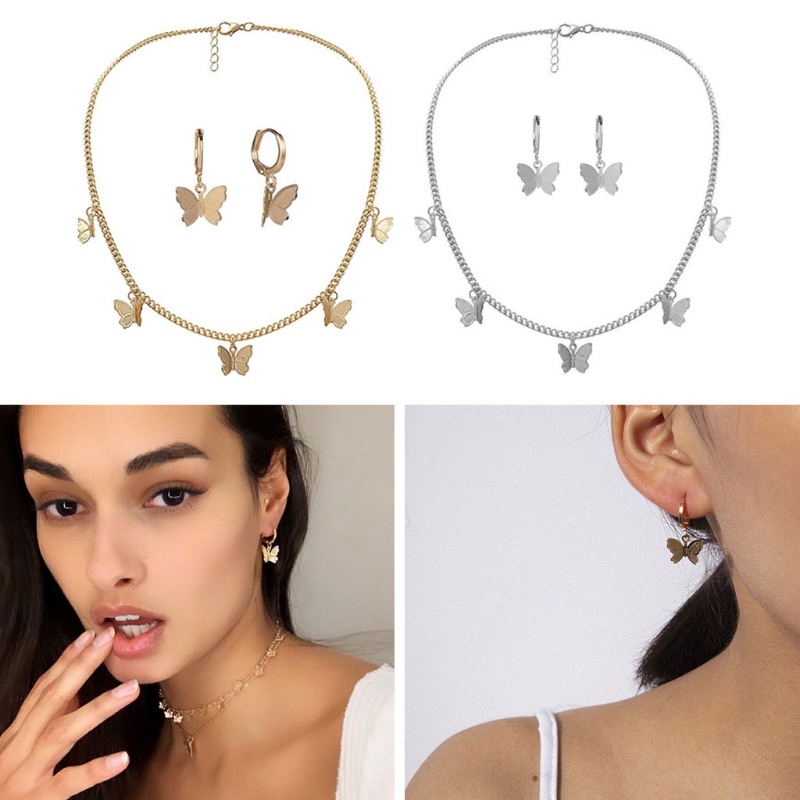 Siy Set Anting Tusukkalung Rantai Liontin Kupukupu Hypoallergenic Warna Emassilver Untuk Wanita