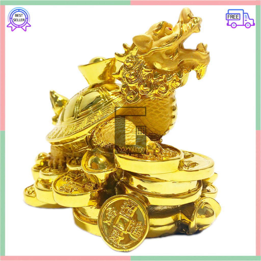 Patung Pajangan Hiasan Dekorasi Kado Hadiah Imlek Sincia Cny 2023 Hewan Kura Kura KuraKura Penyu Turtle Kepala Kaki Shio Sio Naga Dragon Head Lungkui Coin Koin Amulet Hoki Lucky Amulet Rejeki Keberuntungan Feng Shui Gold Emas Kilap Kuningan Kecil Mini