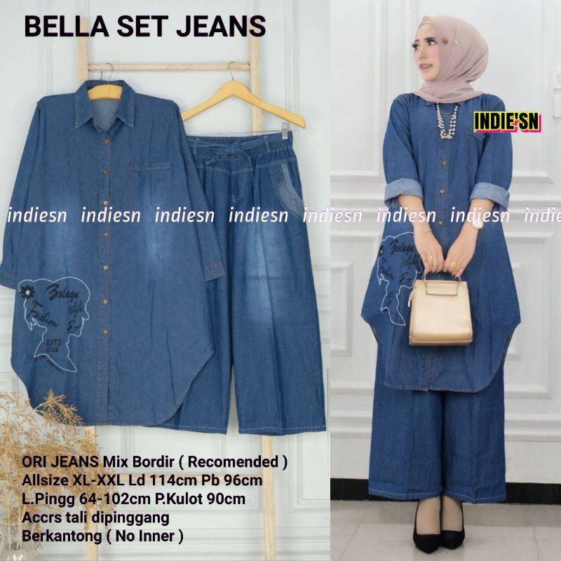 Bella Set Jeans By INDIE'SN • Setelan Jeans Wanita • Atasan Blouse Tunik Kulot Celana Panjang Wanita