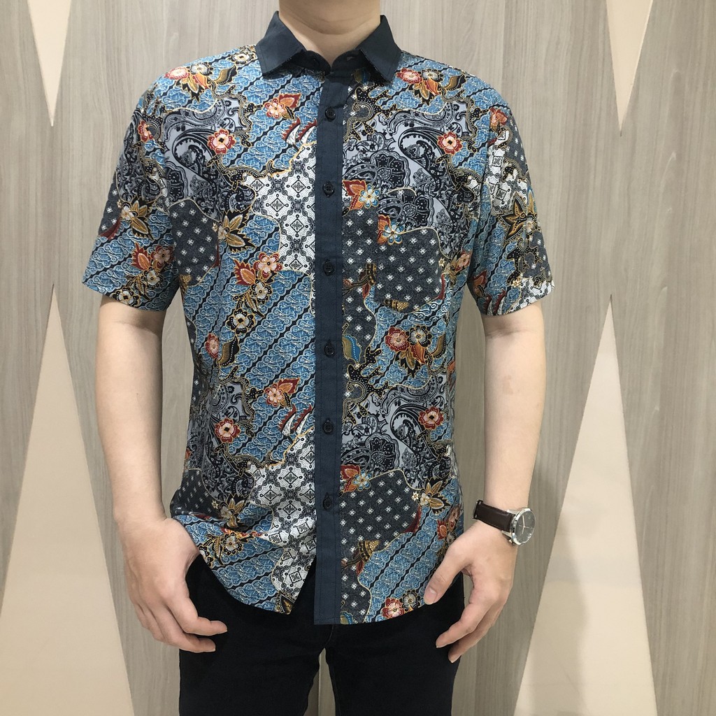 [GRIDLINE - R089 Blue] Kemeja Batik Pria Katun Lengan Pendek Regular Modern
