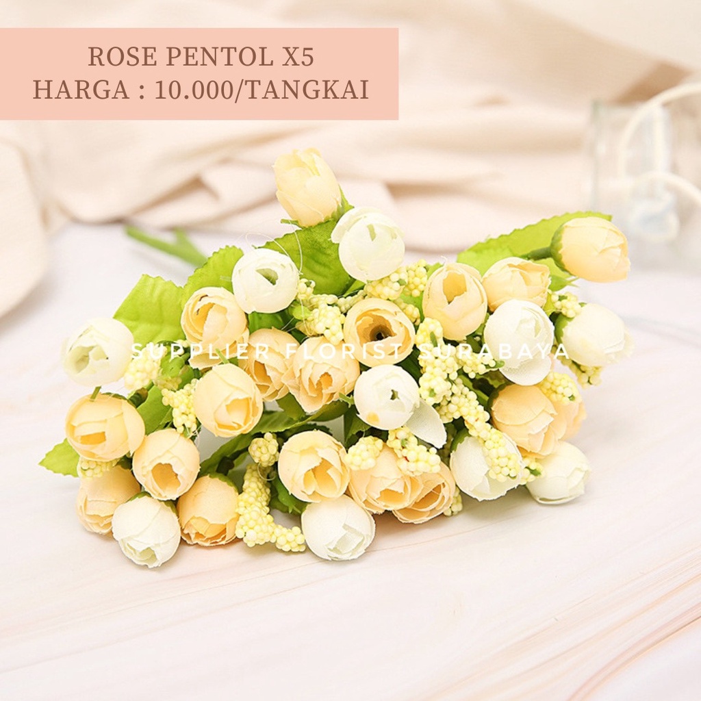 BUNGA ROSE PENTOL 1 TANGKAI BERCABANG 5, 1 CABANG ISI 3 KEPALA, TOTAL 15 KEPALA ARTIFICIAL FLOWER ARTIFISIAL FLOWER BUNGA PALSU PEMANIS BUKET BUNGA