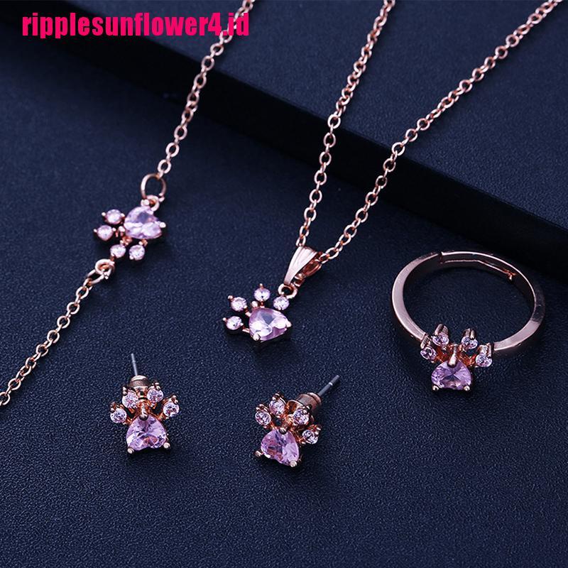 4pcs / set Kalung + Gelang + Cincin + Anting Kristal Bentuk Telapak Kaki Untuk Wanita