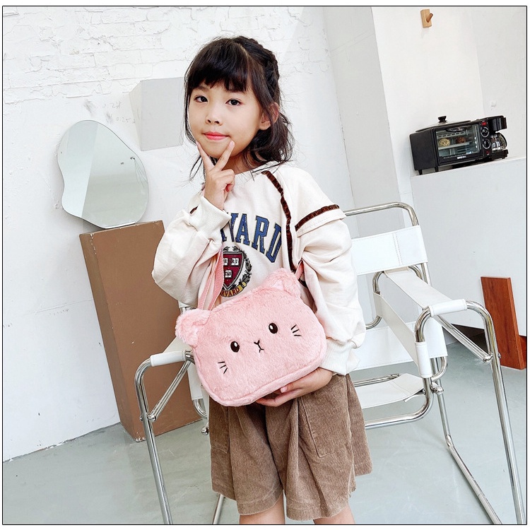 Tas Anak Model Kucing Kelinci Mini Lucu Tas Anak Perempuan Cat Rabbit Animal Cute Harajuku Style Bahan Bulu Bludru Plush Fluffy Fur Sling Bag Wanita Tas Kasual Korean Style Mewah