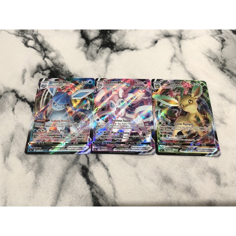 Kartu Pokemon TCG 3pcs Eeveelution Leafeon Glaceon Sylveon VMax RRR s6a Para Eevee Pahlawan Original