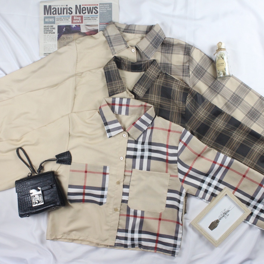 RX Fashion - Mika Crop Top Blouse // Shirt Top Tartan Two Tone // Kemeja Olive ( SPECIAL SALE - GRATIS ONGKIR )  - GA-1