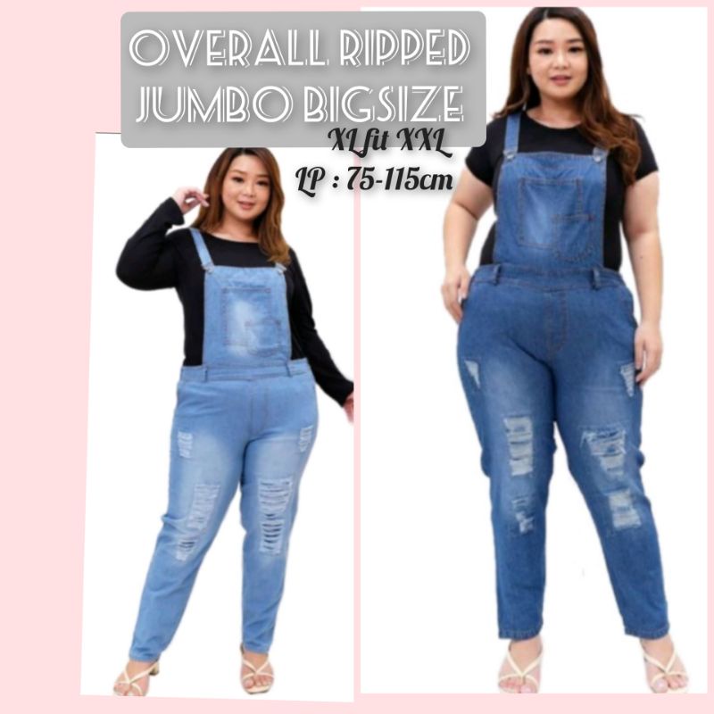 CELANA PANJANG OVERALL DENIM SOBEK RIPPED JUMBO WANITA. BIGSIZE