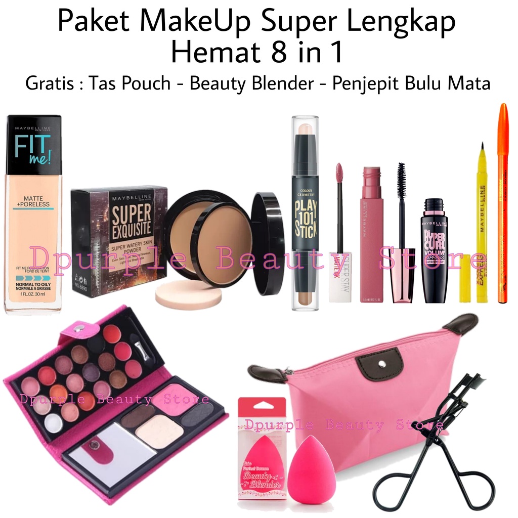 Paket Kosmetik Maybelline 8 in 1 - Gratis Tas Pouch - Beauty Blender - Penjepit Bulu Mata - Paket Make Up MAybelline 8 in 1 - Fondation - Bedak - Contour - Eyeshadow - Maskara - Lipcream - Eyeliner - Pensil Alis - Tas pouch -  Beauty  Blender - Eyecurler