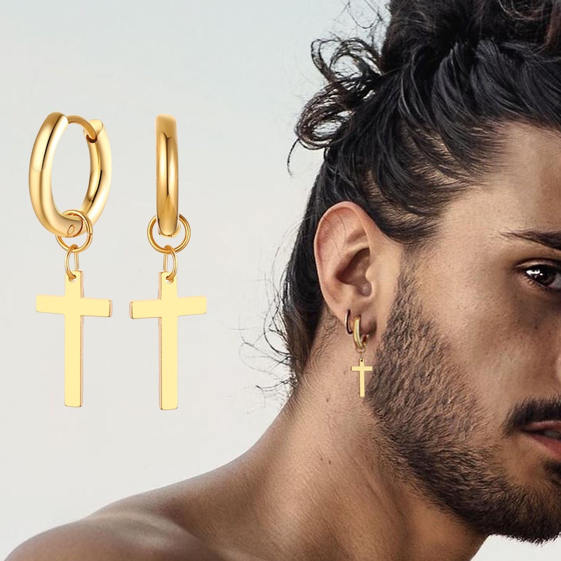 Anting Hoop Bentuk Salib Warna Emas Gaya Minimalis Untuk Pria Dan Wanita