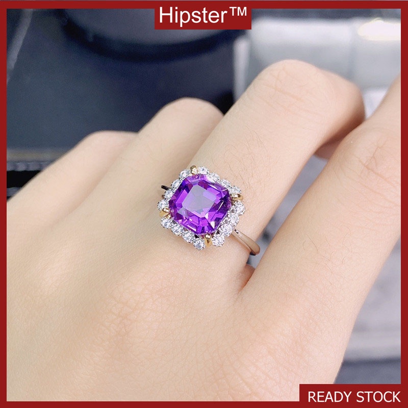 Simple Fashion Square Diamond Natural Amethyst Colored Gems Open Ring