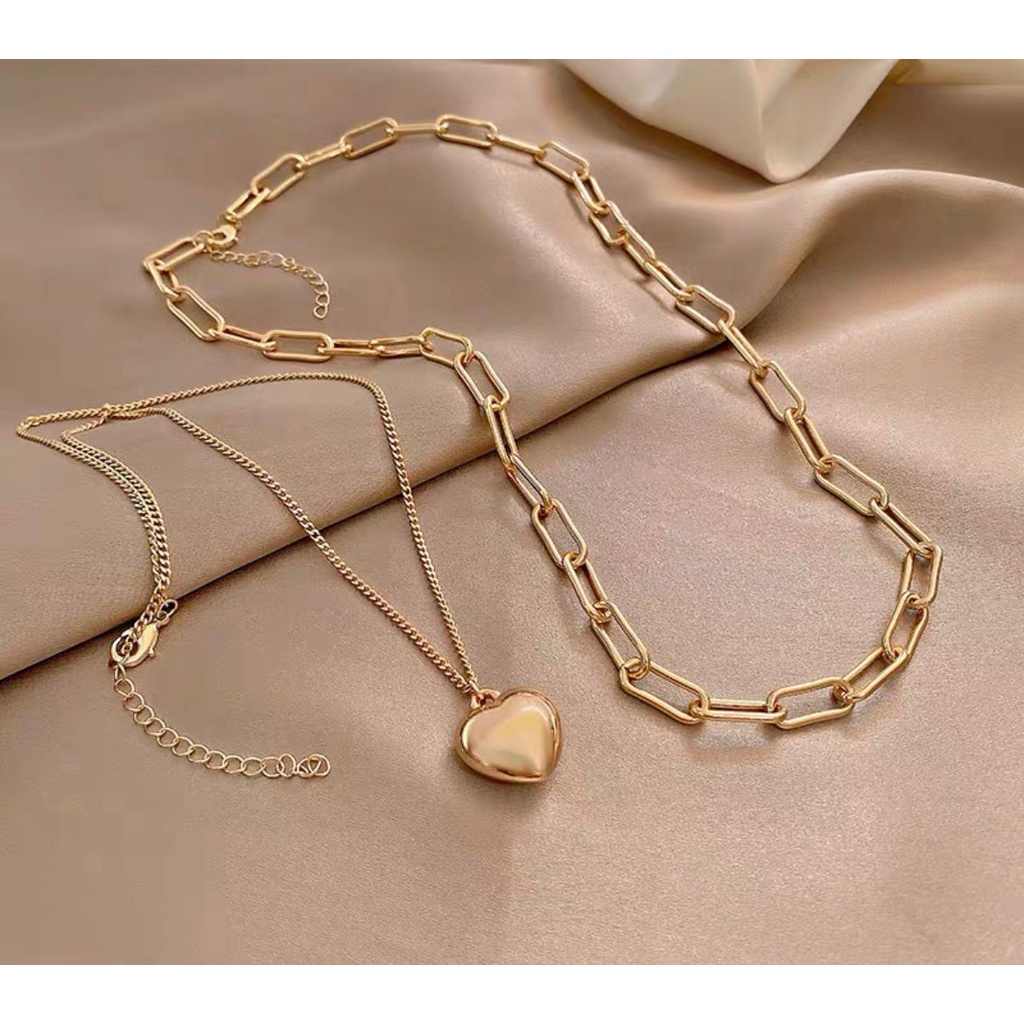 KALUNG RANTAI CHOCKER GAYA FASHION KOREA HIP HOP TITANIUM WARNA GOLD ROSEGOLD SILVER A IMPOR DOUBLE CHAIN WITH HEART LOVE