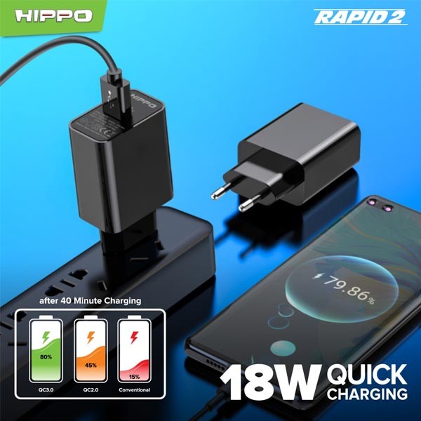 Kepala Adaptor Charger Hippo Rapid 2 Fast Charging 18W Quick Charge Original Ori for XiaoMi Samsung Oppo