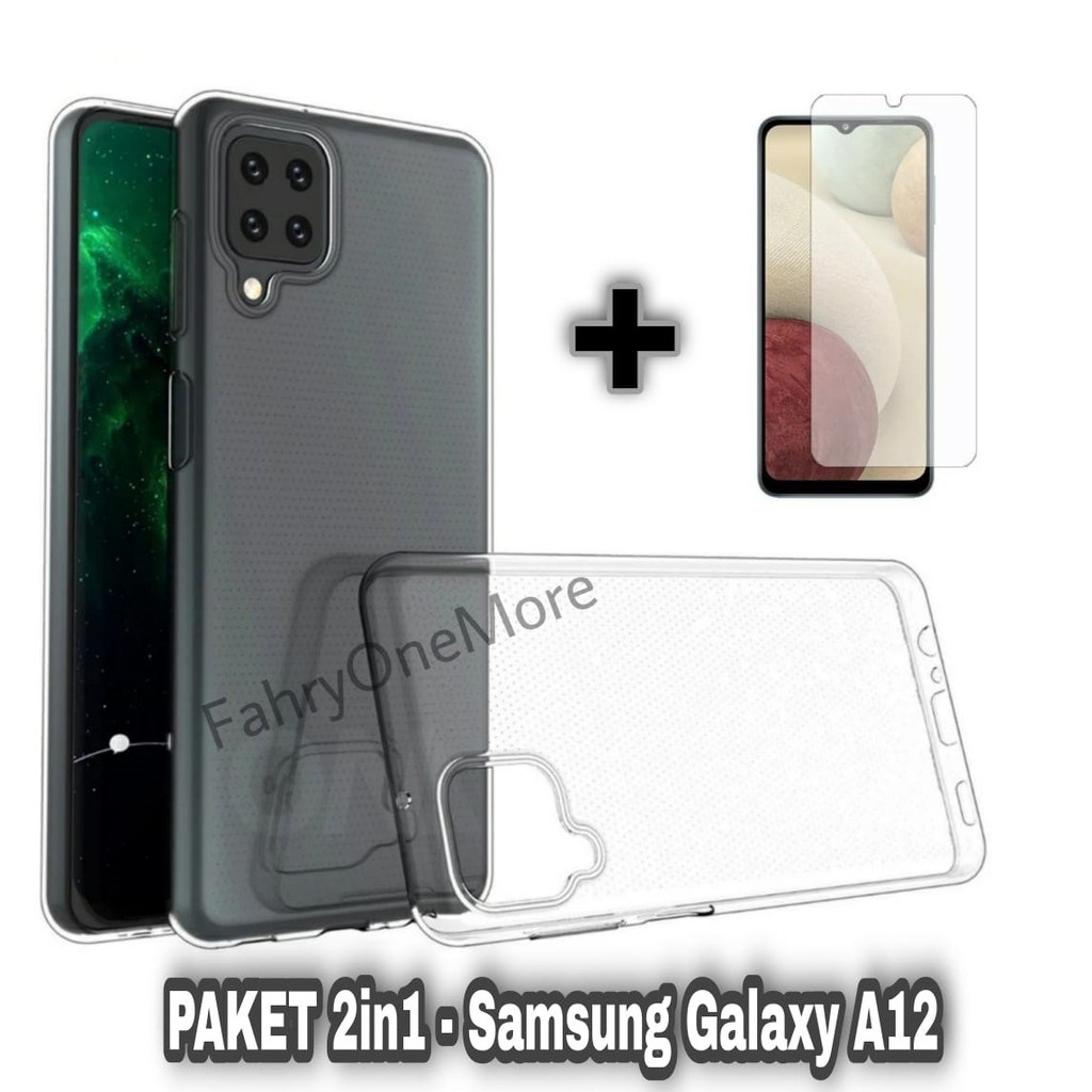 Paket 2in1 Soft Case Samsung M12 / A12 Ultra Thin Slim Case Free Tempered Glass Clear