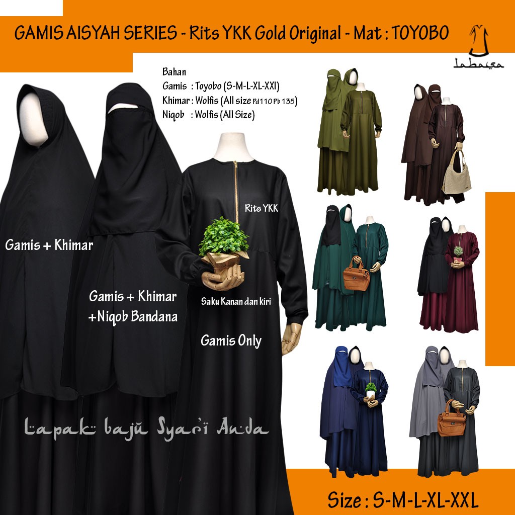 Labasa Set Gamis Wanita Syari Toyobo S-M-L-XL-XXL Set Khimar Pet Antem Bonus Cadar Bandana Bisa COD