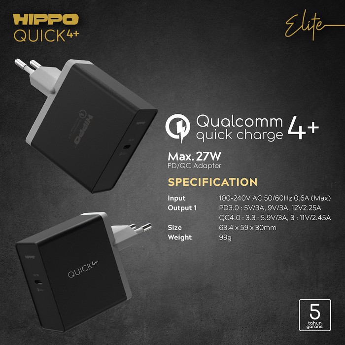 HIPPO ELITE QUICK4+ Adapter Charger 27W QUALCOMM 4.0 POWER DELIVERY