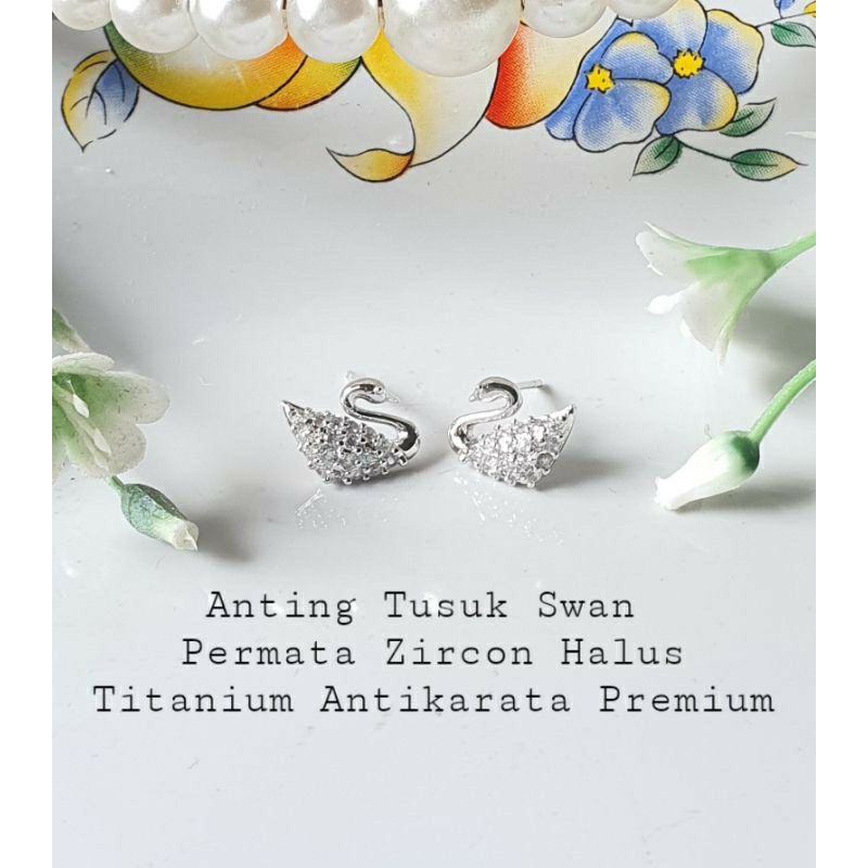 Anting Tusuk Model Angsa Swan Permata Sirkon Titanium Antikarat Premium