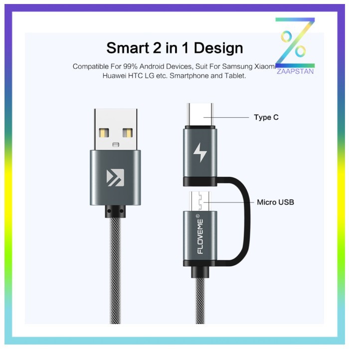 Floveme Kabel Charger 2 in 1 Micro USB + USB Type C QC3.0 2.8A 80cm -