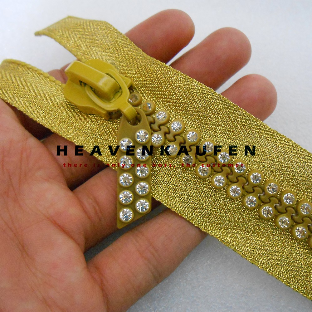 Resleting Zipper Besar Gold Panjang 50 cm Hias Permata Imitasi