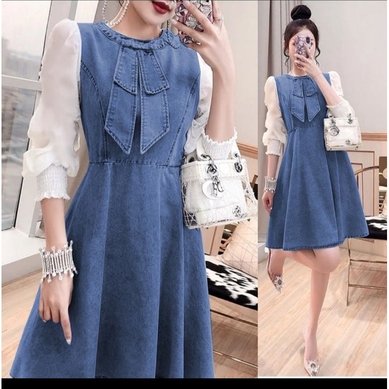 DRESS JEANS WANITA KOMBINASI SIFON + BELAKANG SLETING