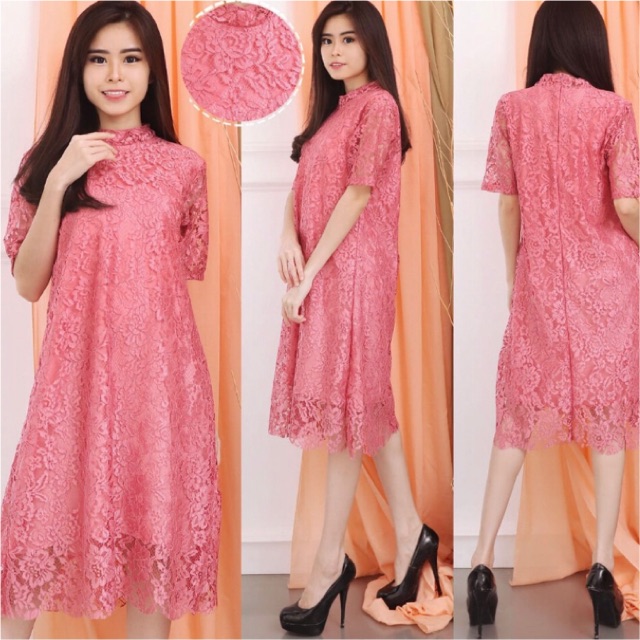 ❤️DRESS BROKAT POLOS IMPORT MERAH HIJAU NAVY ABU MUSTARD GOLD TURTLENECK