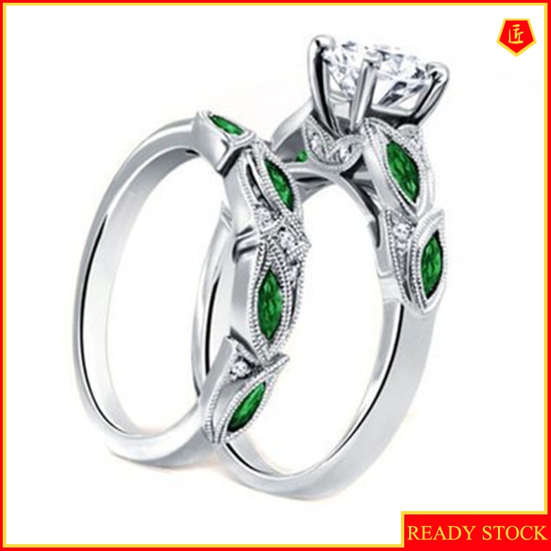 [Ready Stock]Creative Diamond Green Crystal Leaves Ring Set Female