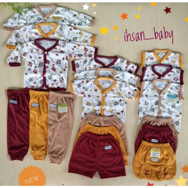 paket hemat baju/celana bayi putih motif arsel kombinasi WARNA TUA isi 9 setel(18 pcs)