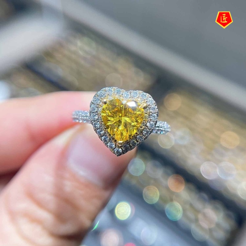 [Ready Stock]Classic Citrine Love Heart-Shaped Micro-Inlaid Crown Open Ring