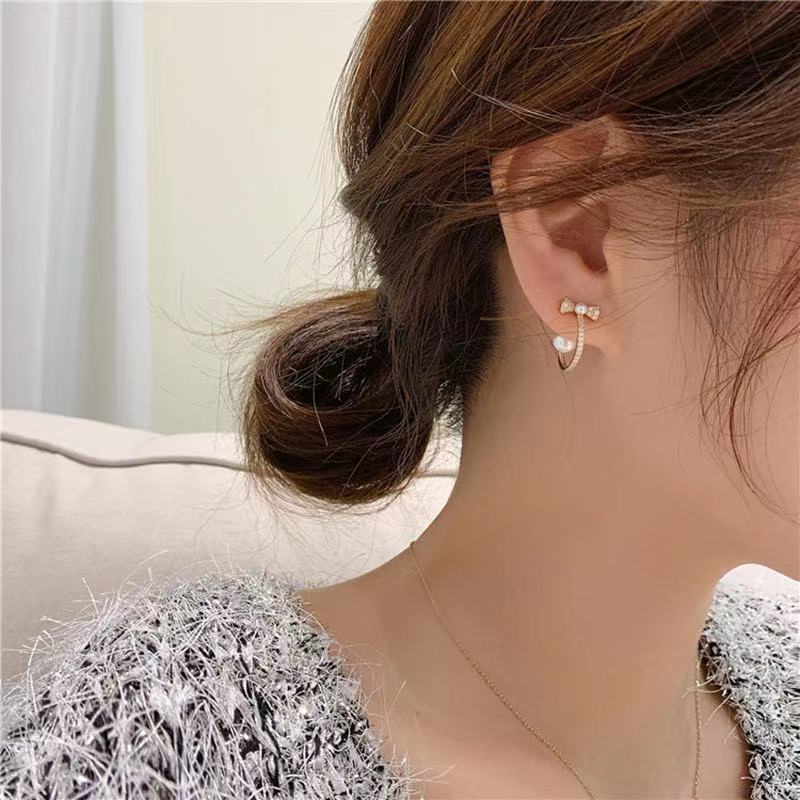 Bahasa Perancis gaya busur sterling silver jarum penuh berlian vintage lingkaran kecil Mutiara girly