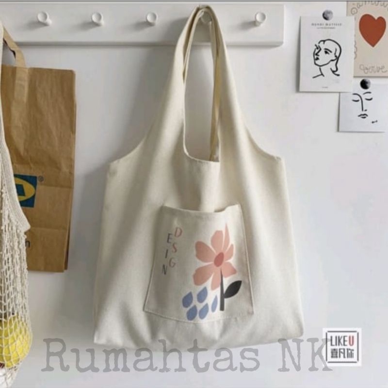 Totebag Vintage Saku Depan Populer Tas Tote-Bunga pink