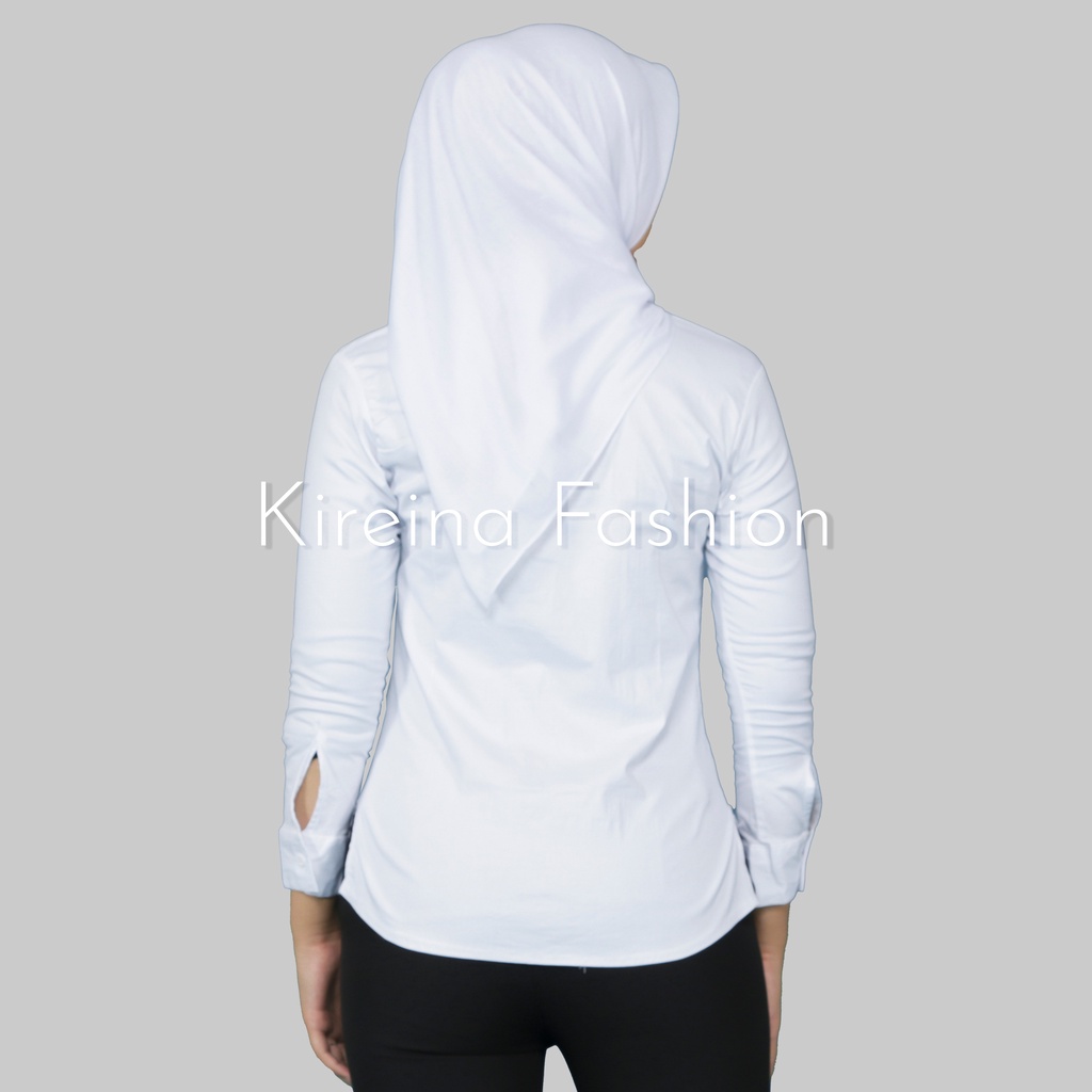 Kemeja Putih Wanita Rempel Panjang Bahan Katun Stretch Melar | Kireina Fashion