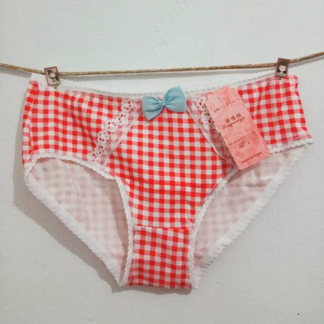 PAKAIAN DALAM WANITA CD CELANA DALAM KATUN WANITA MERAH KOTAK KOTAK PITA BIRU