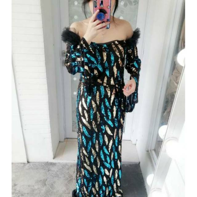 Dress 5990 (BUNGA LENGAN)Rose Sabrina Black 2 Leaf motif long dress baju pesta mewah gaun panjang XL