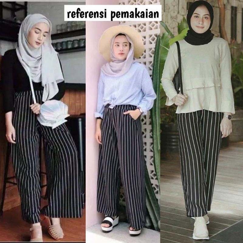 CELANA KULOT CREPE SALUR / STIPE PANTS - celana kulot panjang saku kantong garis kecil