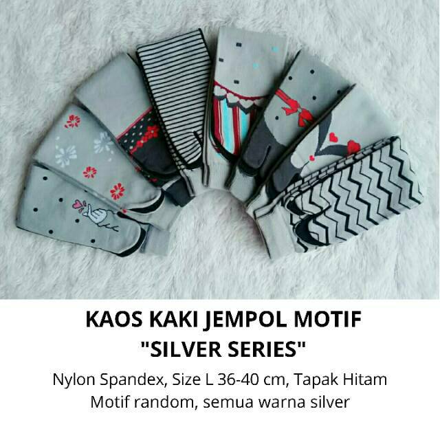 Kaos Kaki Jempol Motif Abu Muda/Silver Series, Wanita Muslimah Tapak Hitam Nylon Spandex Tebal Murah